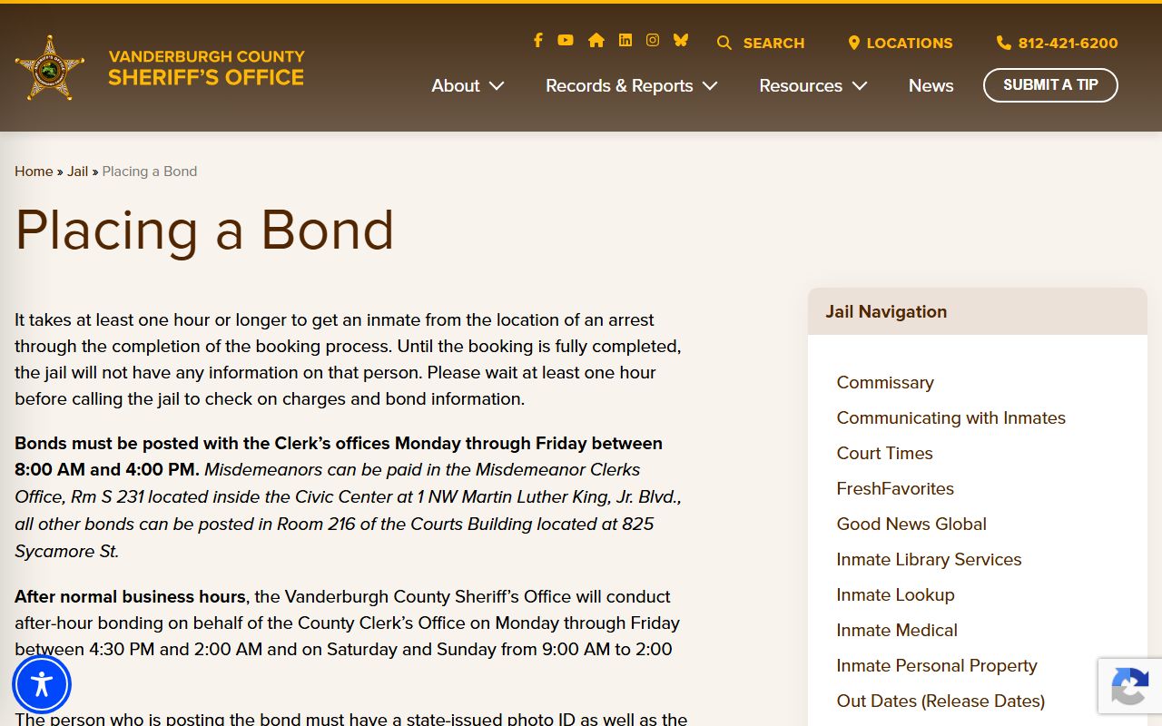 Vanderburgh County Clerk of the Courts bond posting room guidance