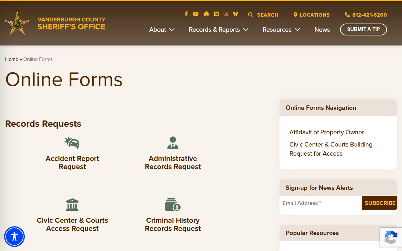 Vanderburgh County arrest records sheriff forms menu