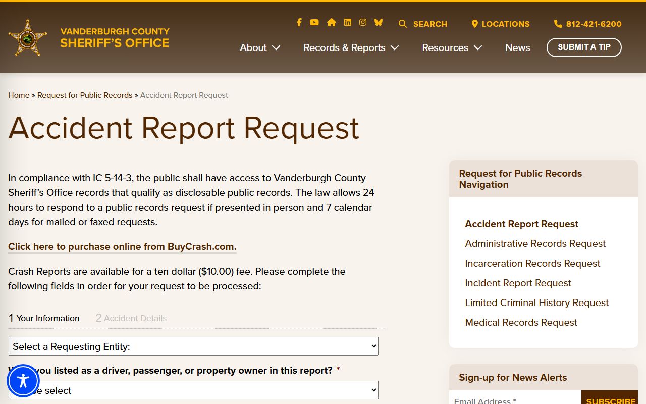 Vanderburgh County arrest records sheriff accident report request