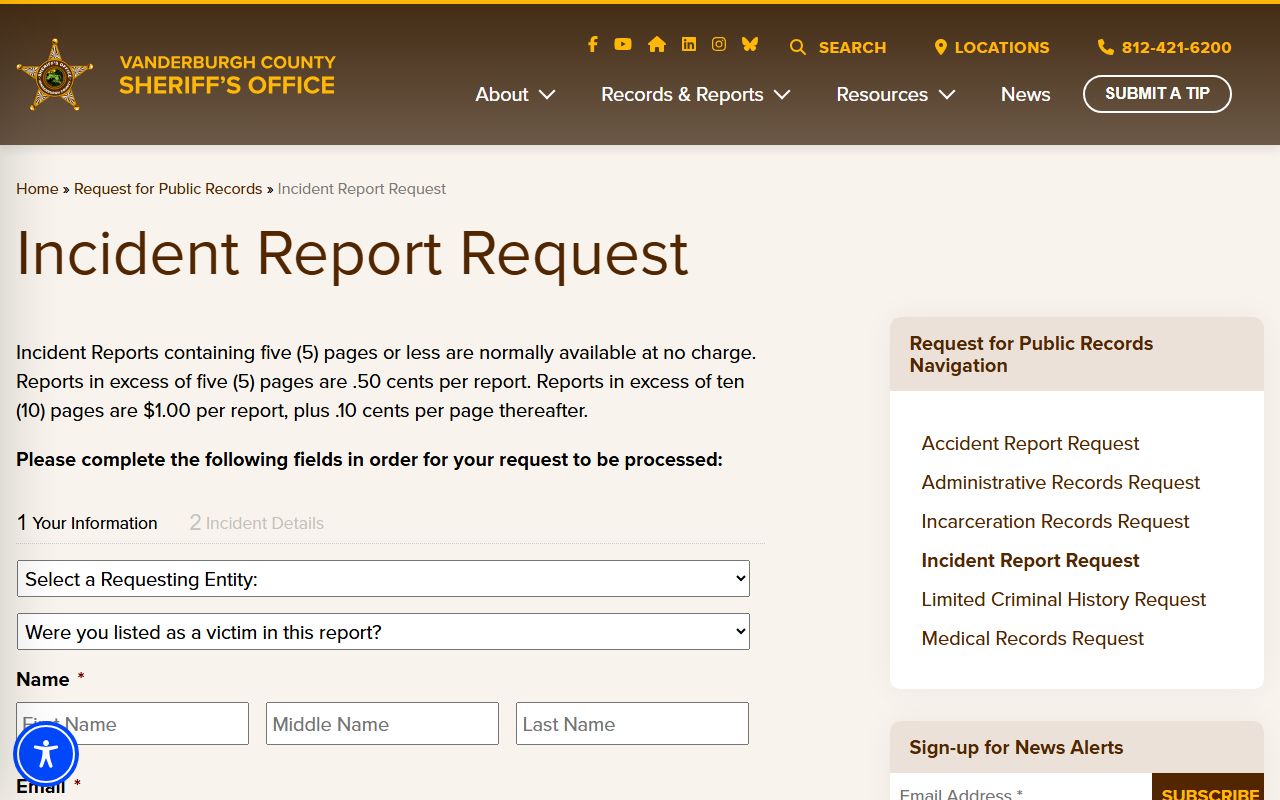 Vanderburgh County arrest records sheriff incident report request