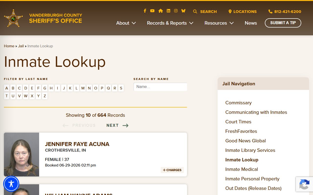 Vanderburgh County arrest records sheriff inmate lookup