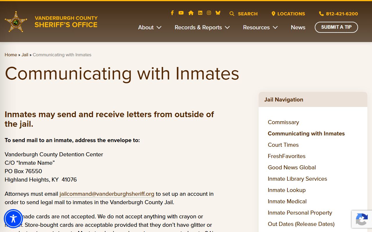 Vanderburgh County inmate records mail instructions