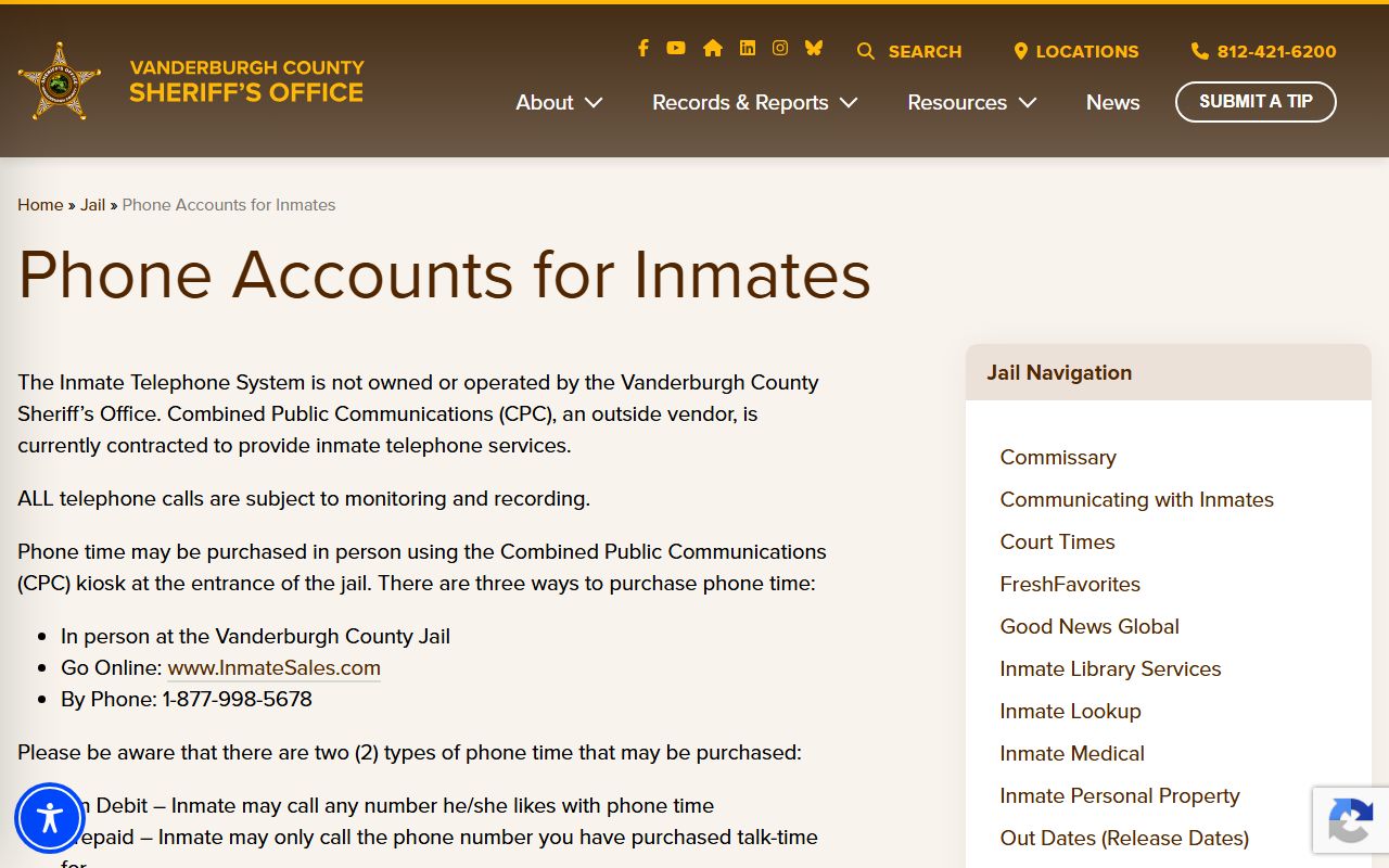 Vanderburgh County inmate records phone account page