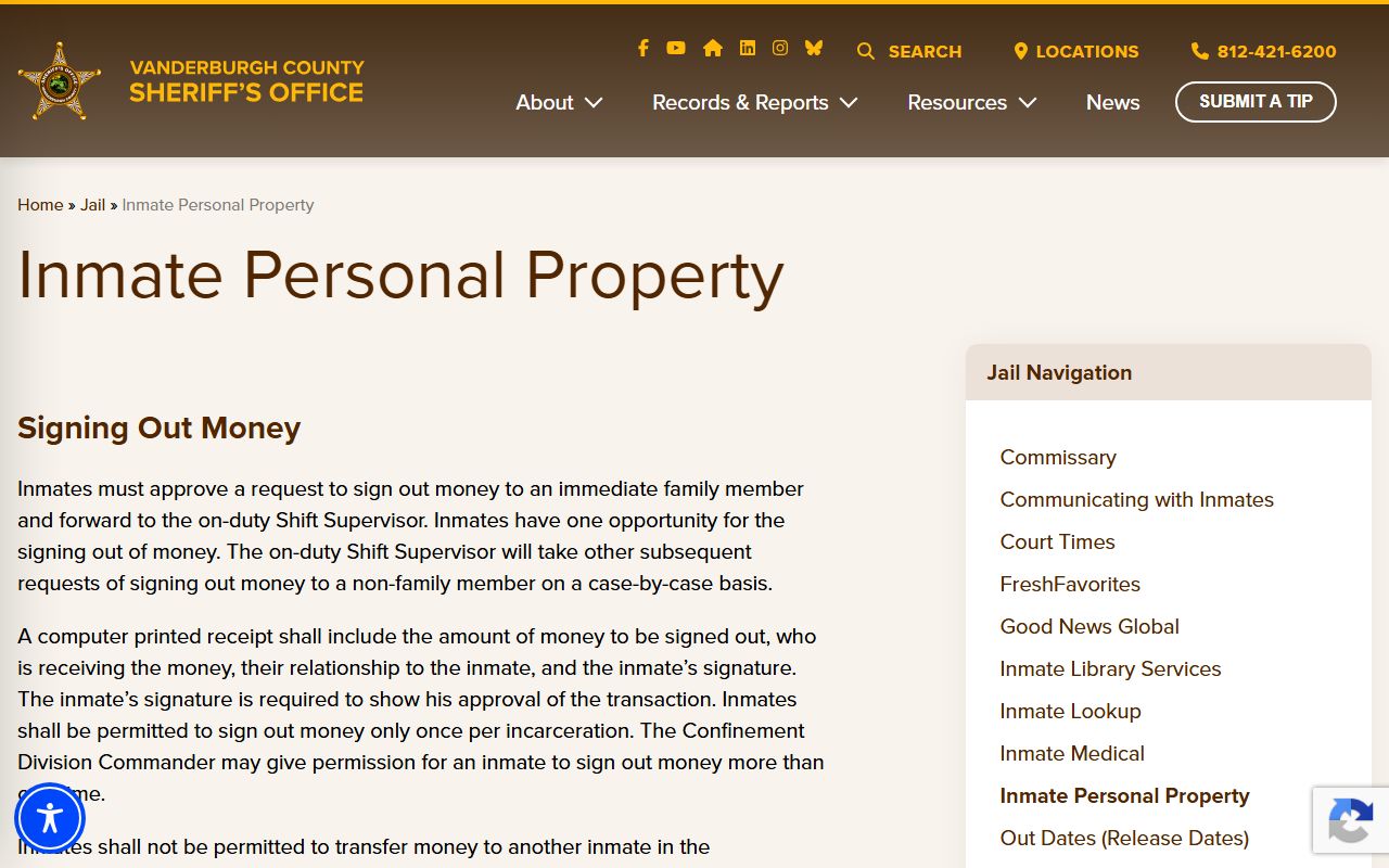 Vanderburgh County inmate records property pickup page
