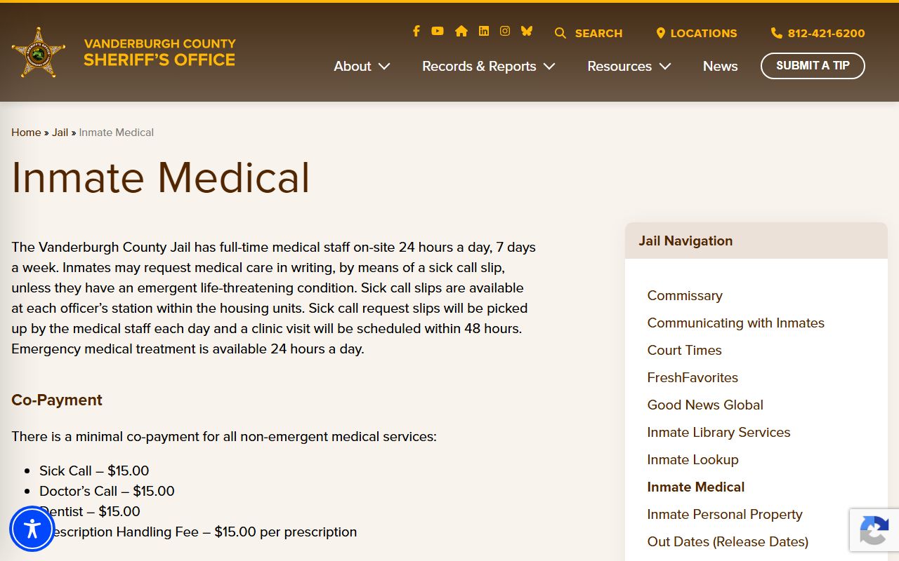 Vanderburgh County inmate records jail medical care page