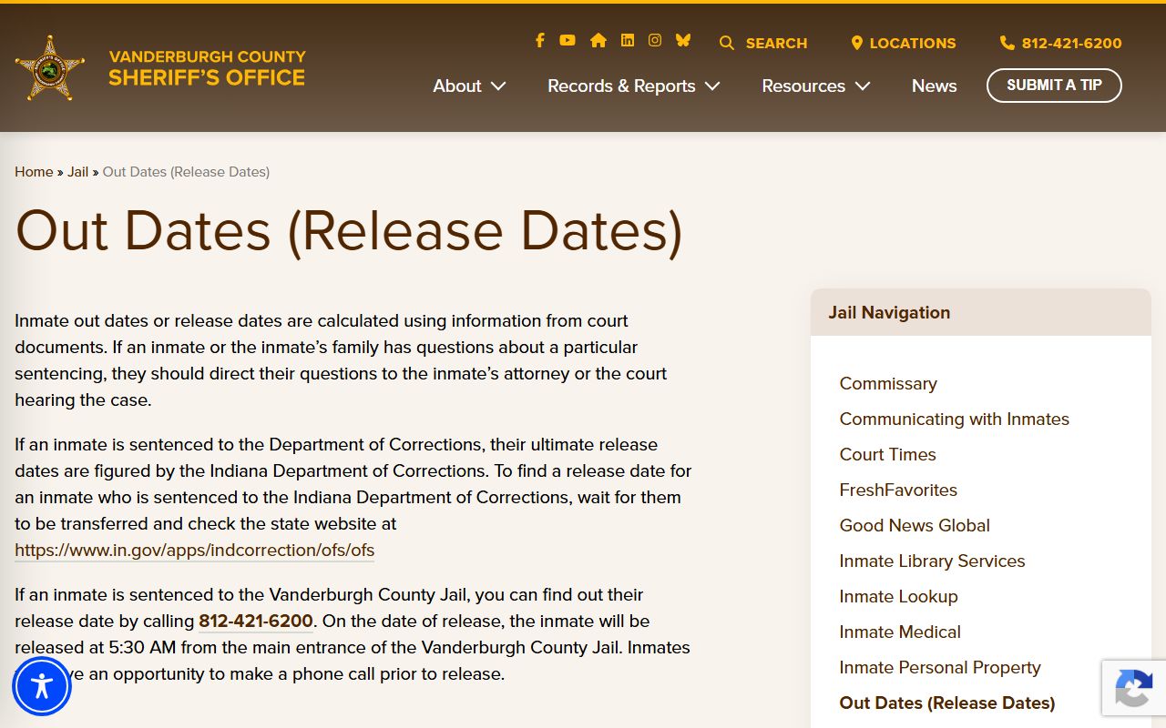 Vanderburgh County inmate records release date phone instruction