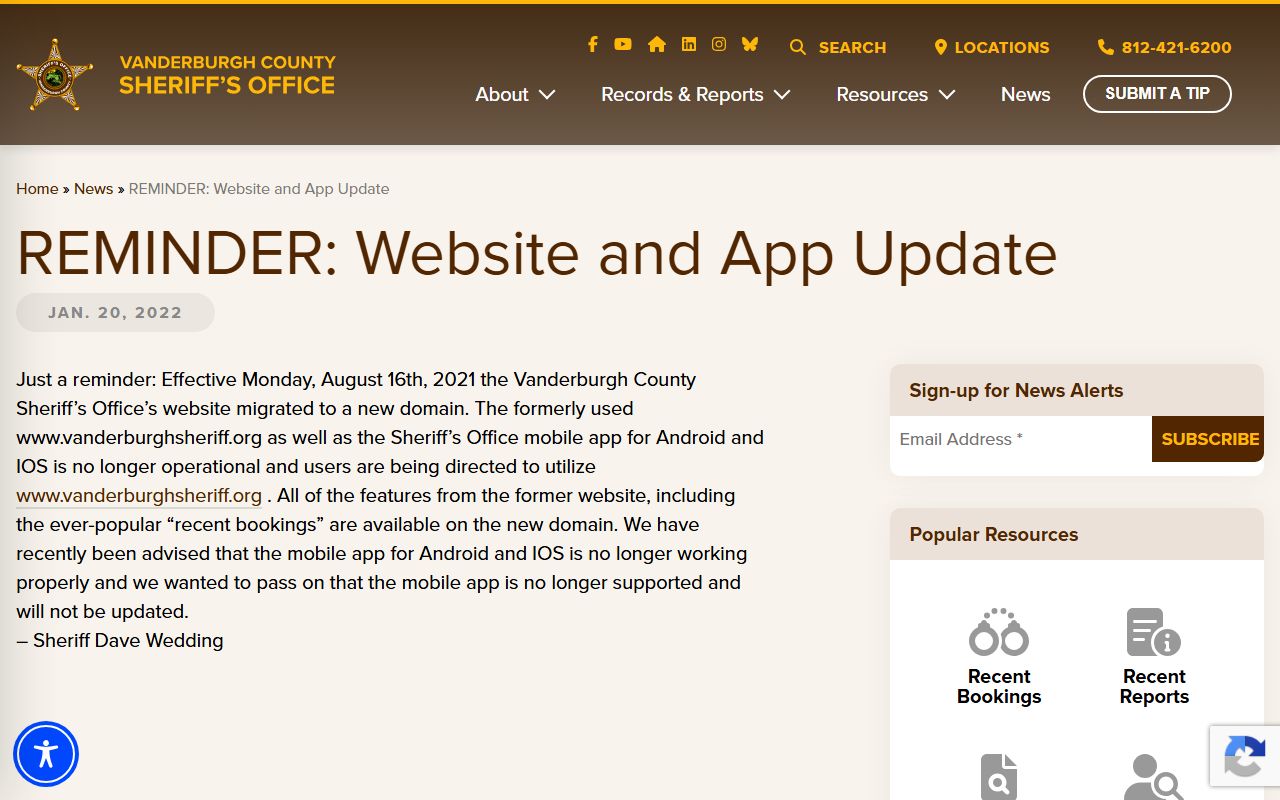 Vanderburgh County court records sheriff app update notice