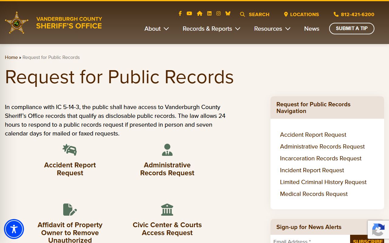 Vanderburgh County court records sheriff public records menu