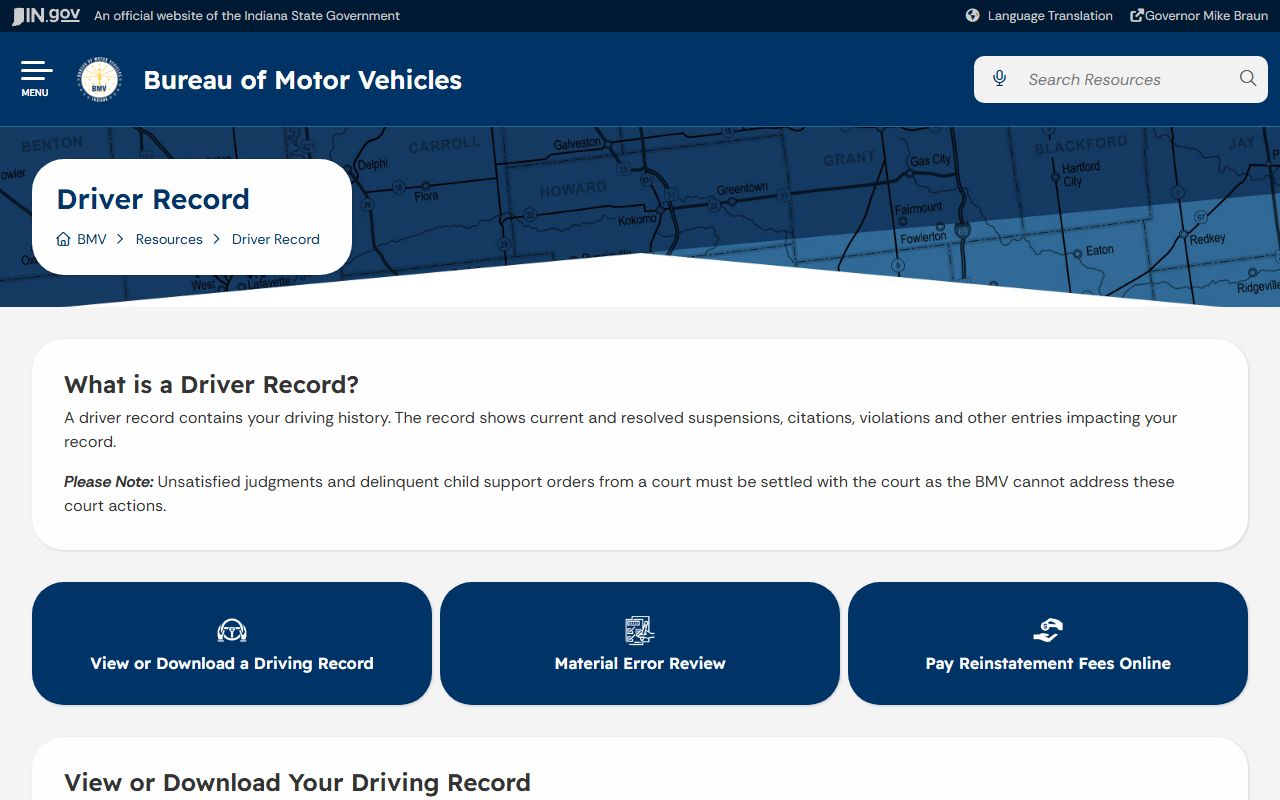 Vanderburgh County traffic court records Indiana BMV driver record source